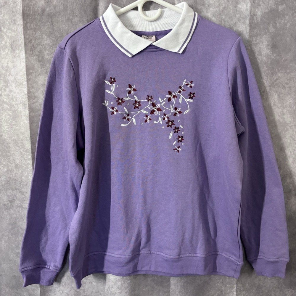 90s Adrian Delafield Floral Womens‎ L Collar Embroidered Purple MomCore Preppy